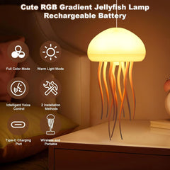 Plastic Night Light Jellyfish LED Lamp with Dancing Legs, RGB Gradient Bedside Lamp with Voice Control, Rechargeable Table Light with Touch Sensor for Kids Bedroom,Living Room(Jellyfish),White