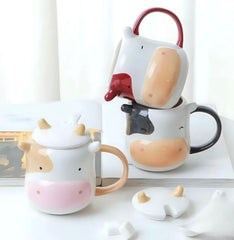 Cute Cow Mug with Lid and Spoon