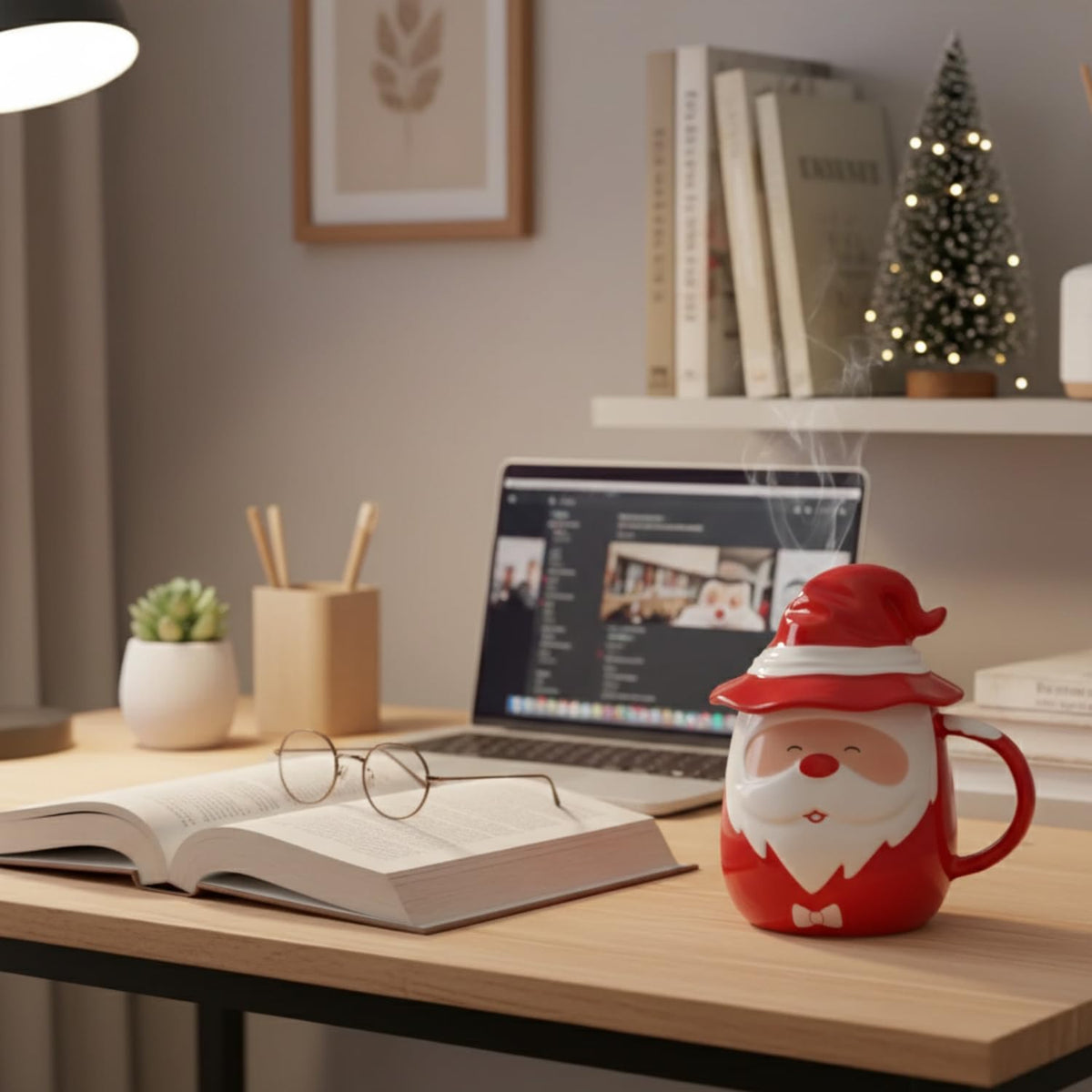 New Year's tea mug "Santa Claus the Wizard" red, 430 ml, with lid, ceramic, gift, festive