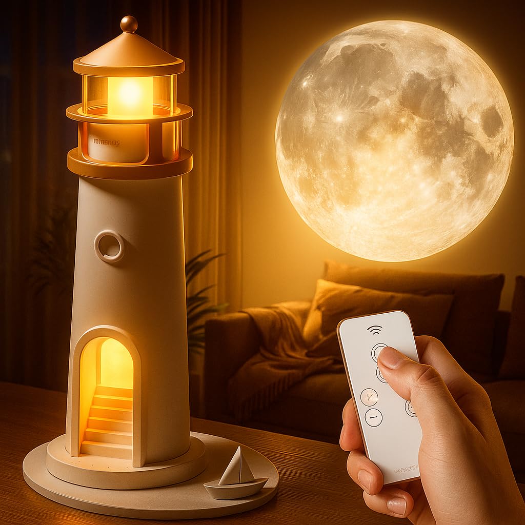 Moon Lamp Projector Night Light,Lighthouse Decor Light Night Light for Kids,Moon Light Galaxy Projector Rechargeable LED Aesthetic Table Lamp Christmas Birthday Gifts for Kids Boys Girl