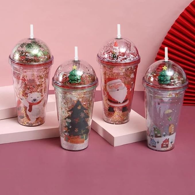 Straw Cup Creative Glitter Christmas Gift Cups Coffee Water Bottle With Straws Lid Plastic Reusable Drinkware Coffee Cup Mugs, 500 ml