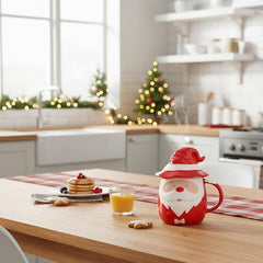 New Year's tea mug "Santa Claus the Wizard" red, 430 ml, with lid, ceramic, gift, festive
