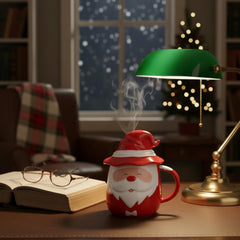 New Year's tea mug "Santa Claus the Wizard" red, 430 ml, with lid, ceramic, gift, festive
