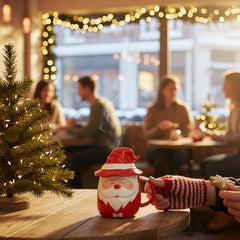 New Year's tea mug "Santa Claus the Wizard" red, 430 ml, with lid, ceramic, gift, festive