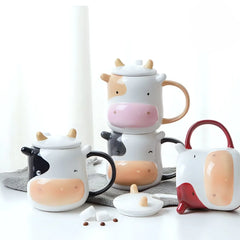 Cute Cow Mug with Lid and Spoon