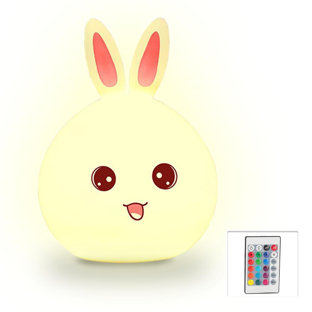 Cute Happy Bunny Rabbit Design Touch Sensor Night LED Lamp With Touch & Remote Control For Children Baby Kids Bedroom (Pack Of 1 White)